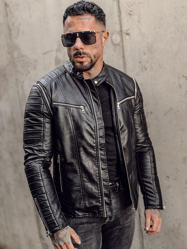 Herren Kunstleder Jacke Biker mit abnehmbaren Ärmeln Schwarz Bolf 11Z8011
