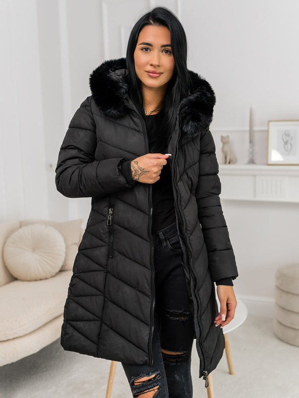 Damen Lange Gepolsterte Winterjacke Mantel mit Kapuze Schwarz Bolf 16M9195