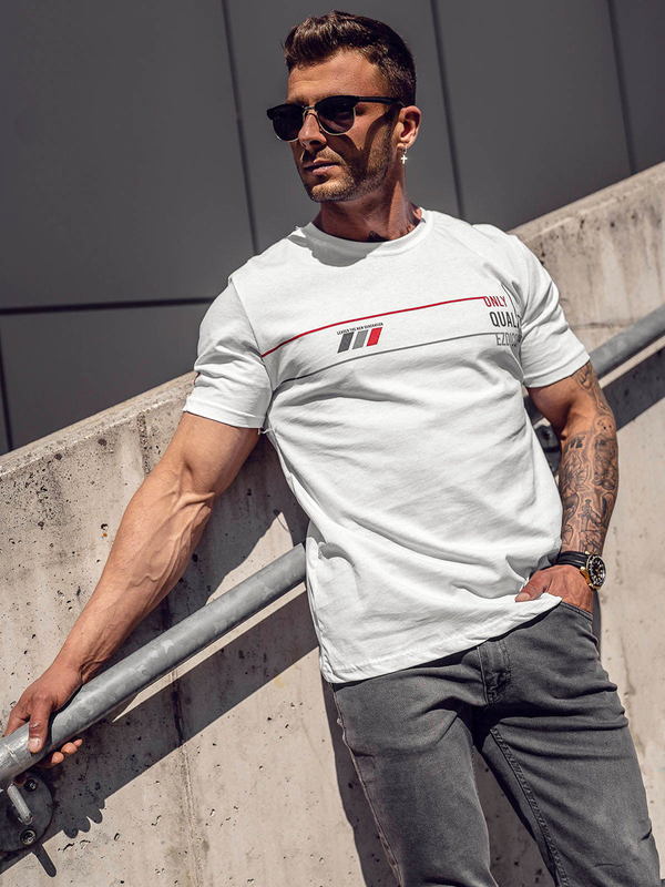 Herren Baumwoll T-Shirt mit Motiv Weiß Bolf 14772A
