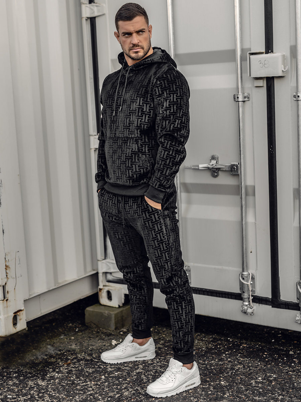 Herren Zweiteiler Sport Set mit Kapuze Velours Schwarz Bolf 3A81-A