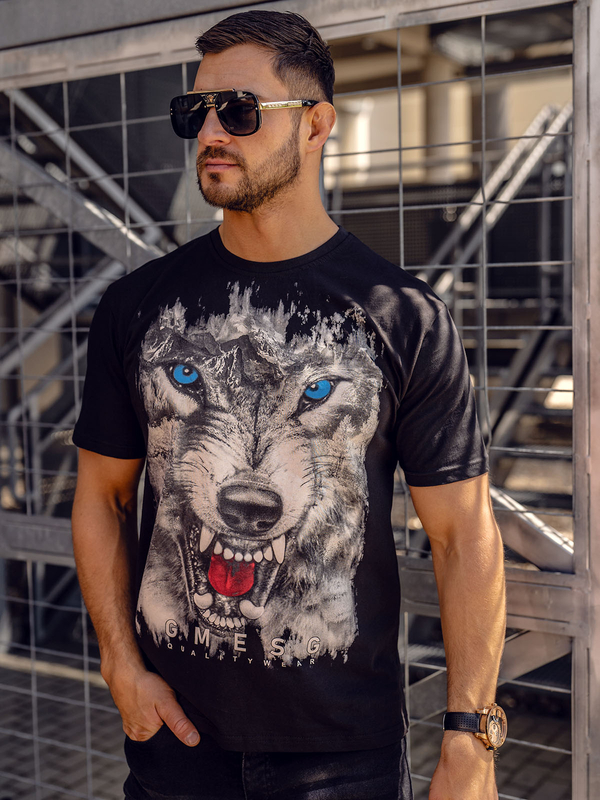 Herren Baumwoll T-Shirt mit Motiv Schwarz Bolf 14801A