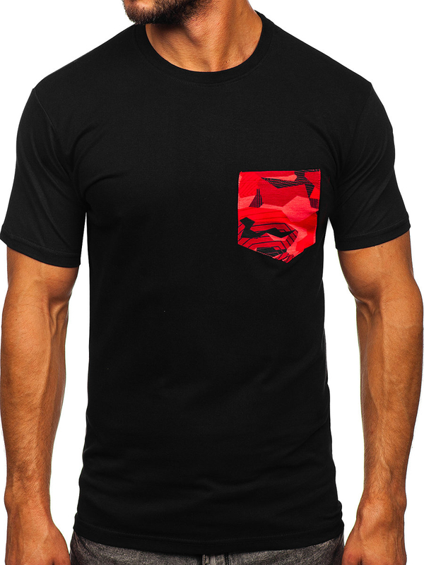 Herren Baumwoll T-Shirt mit Tasche Schwarz-Rot Bolf 14507