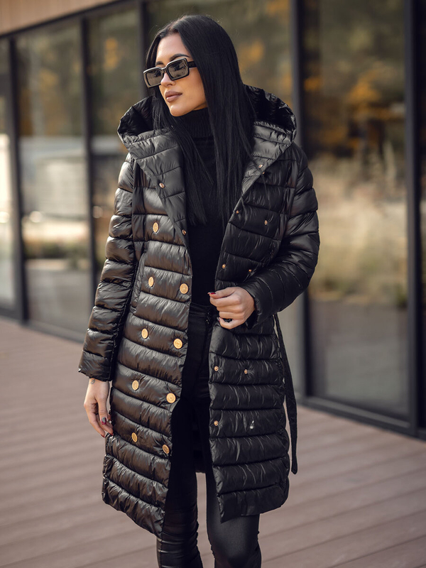 Damen Gepolsterte Lange Übergangsjacke Mantel mit Kapuze Schwarz Bolf 5M3219