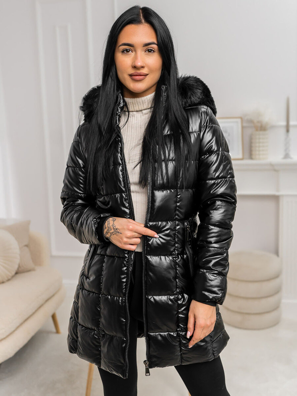 Damen Lange Gepolsterte Winterjacke Mantel mit Kapuze Schwarz Bolf 16M9120