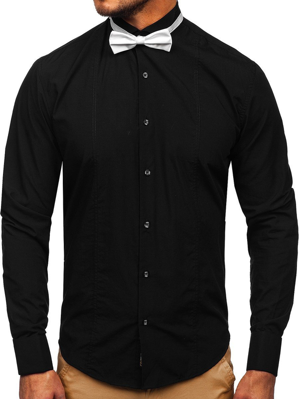 Herren Hemd Langarm Elegant Schwarz + Fliege + Manschettenknöpfe 4702 Bolf