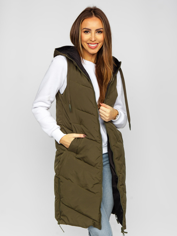 Damen Lange Zweiseitige Steppweste Khaki Bolf B8022