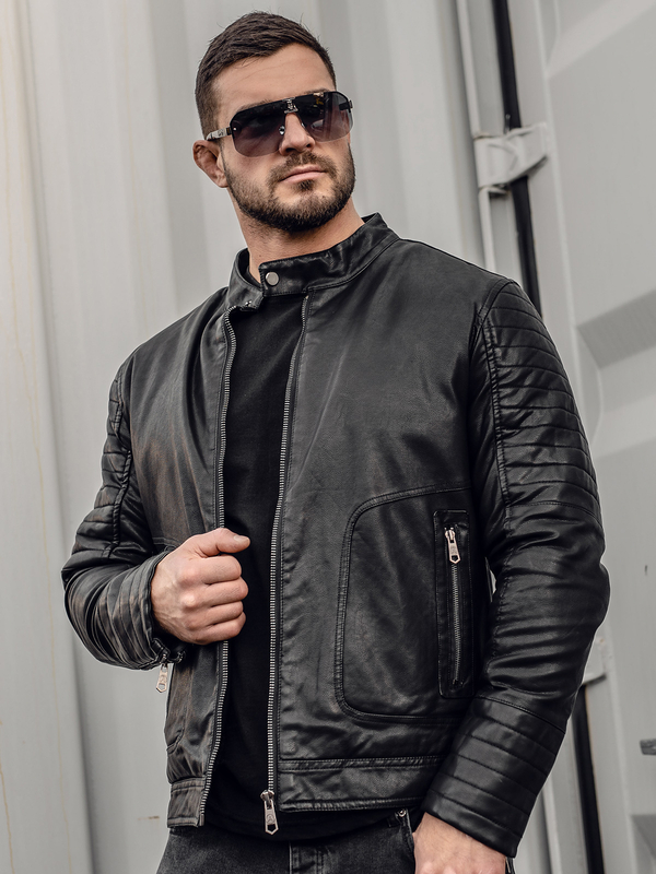 Herren Kunstlederjacke Biker Warm Gefüttert Schwarz Bolf 92531