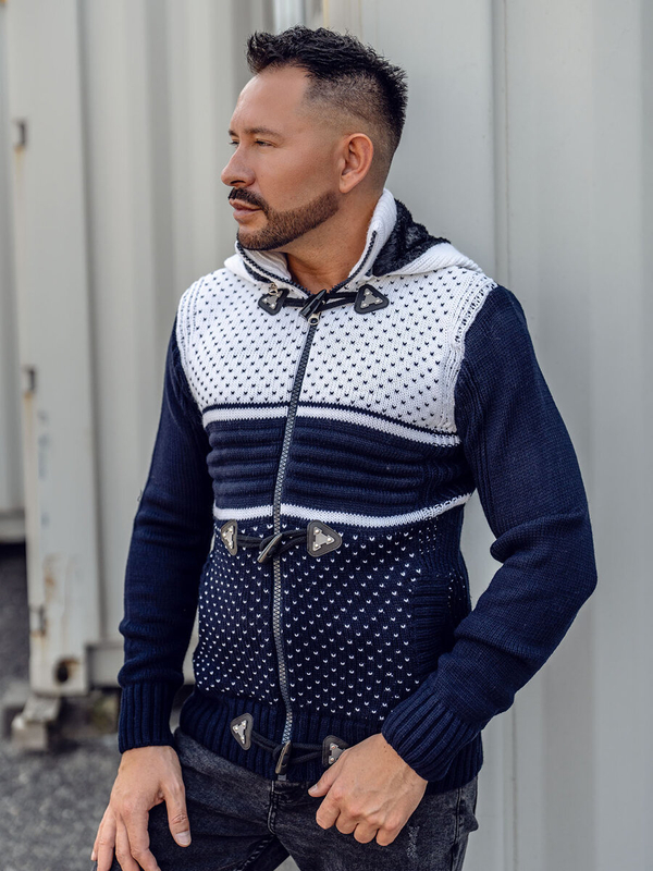 Herren Warmer Pullover mit Kapuze Aufknöpfbar Dunkelblau Bolf 2047