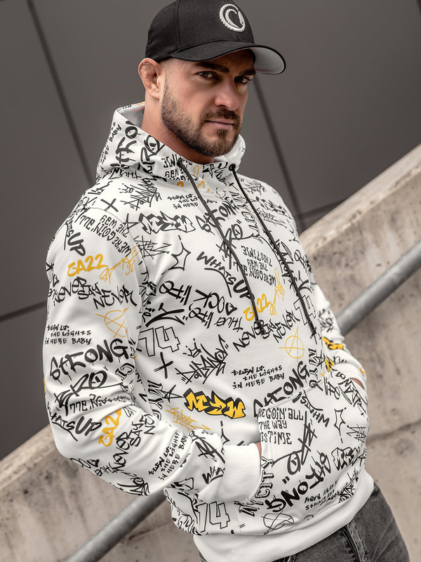 Herren Kapuzenpullover mit Kängurutsche und Motiv Weiß Bolf 8B1101A