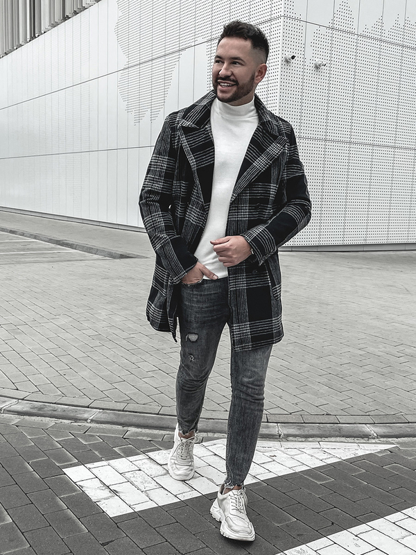 Herren Wintermantel Warmgefüttert Kariert Schwarz Bolf 1193-1