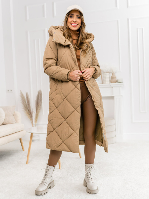 Damen Lange Gepolsterte Winterjacke Mantel mit Kapuze Camel Bolf 5M3173