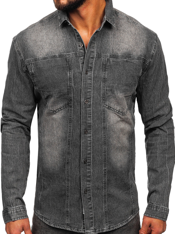 Herren Jeanshemd Langarm Schwarzgrau Bolf MC712G