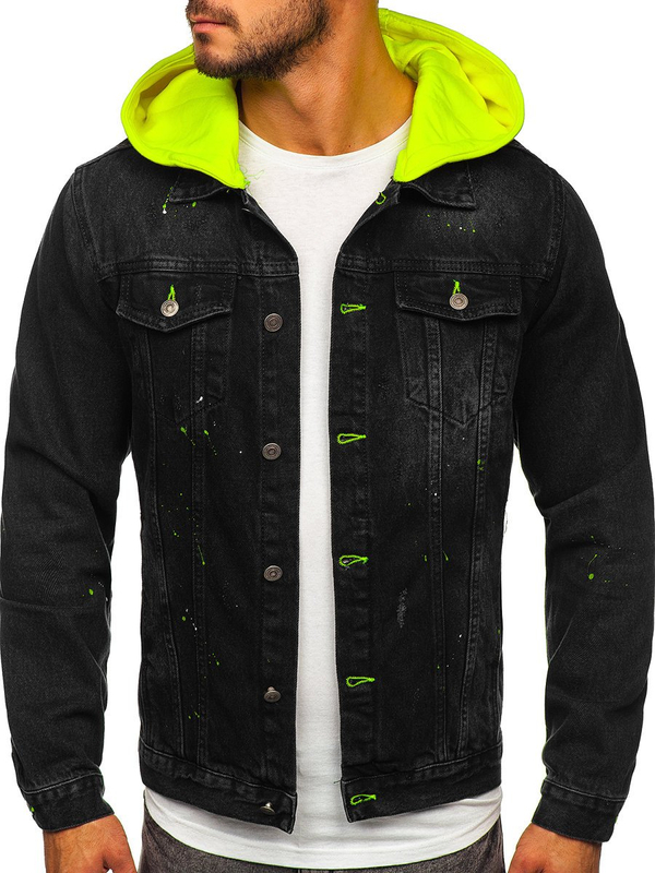 Herren Jeansjacke mit Kapuze Schwarz Bolf 1-2