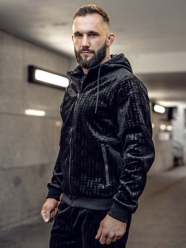 Herren Velours Zweiteiler Freizeitanzug Schwarz Bolf 3B113A