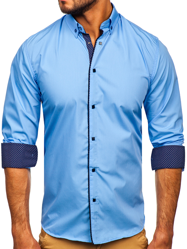 Herren Hemd Langarm Elegant Azurblau Bolf 7724-1