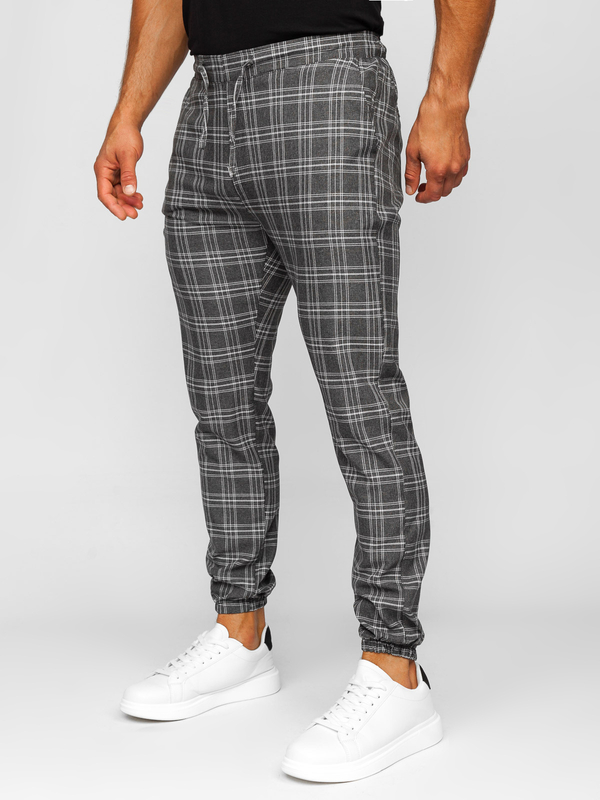 Herren Stoffhose Joggers Kariert Schwarzgrau Bolf 0067