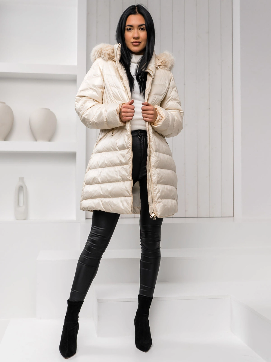 Damen Lange Gepolsterte Winterjacke Mantel mit Kapuze Beige Bolf