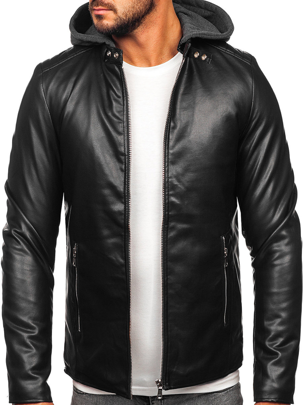 Herren Kunstlederjacke Biker mit Kapuze Schwarz Bolf 11Z8012-A