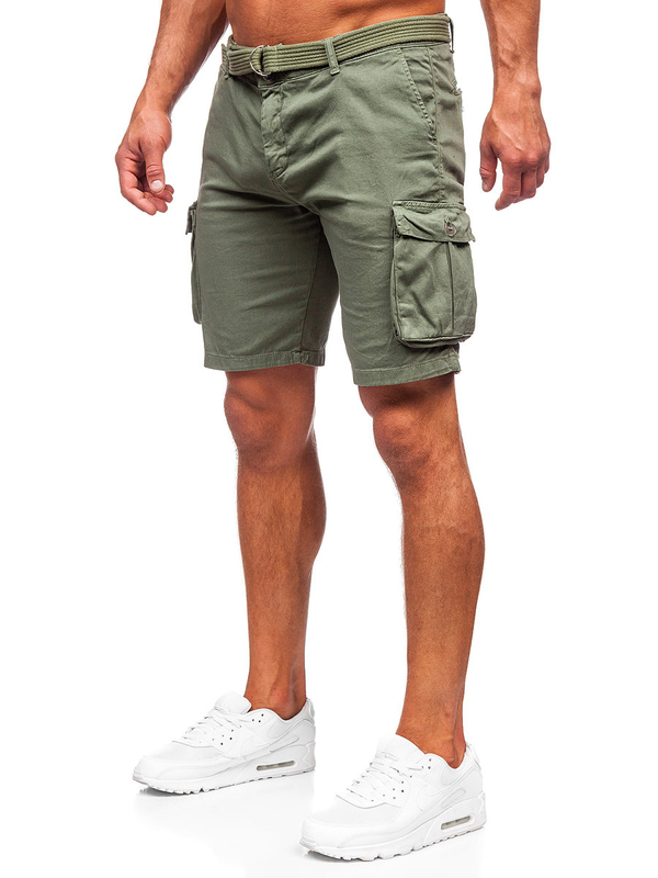 Herren Kurze Stoffhose mit Gürtel Cargoshorts Khaki Bolf 010