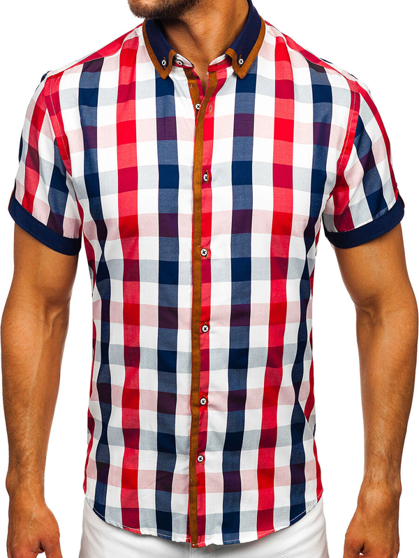 Bolf Herren Hemd Kurzarm Kariert Rot 5507-1