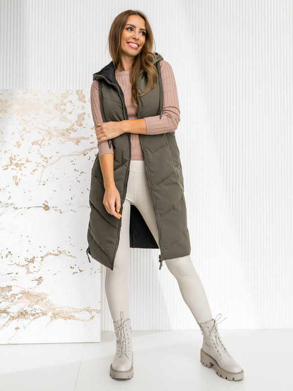 Damen Lange Zweiseitige Steppweste Khaki Bolf B8022A1