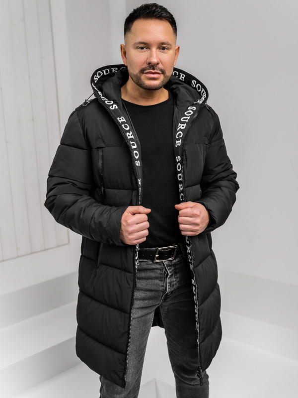 Herren Lange Gepolsterte Winterjacke mit Kapuze Schwarz Bolf 22M329