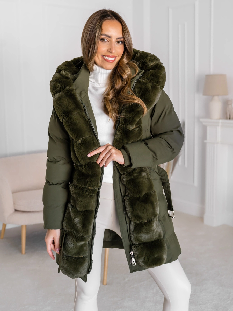 Damen Lange Gepolsterte Winterjacke Mantel mit Kapuze Khaki Bolf