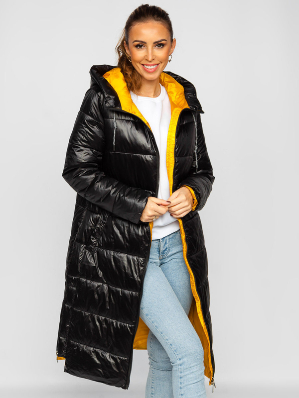 Damen Lange Gepolsterte Winterjacke mit Kapuze Schwarz Bolf J9063