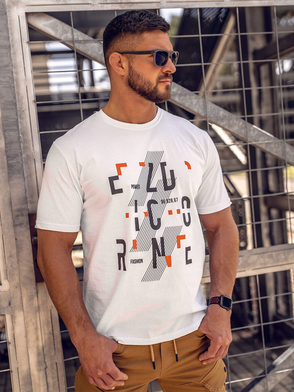 Herren Baumwoll T-Shirt mit Motiv Weiß Bolf 14752A