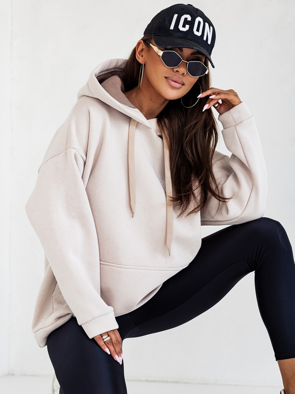 Damen Hoodie mit Kapuze gefüttert Känguru beige Bolf 82131