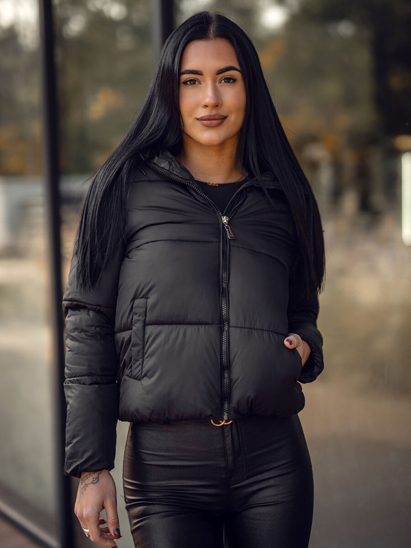 Damen Kurze Winterjacke mit Kapuze Schwarz Bolf 5M3237
