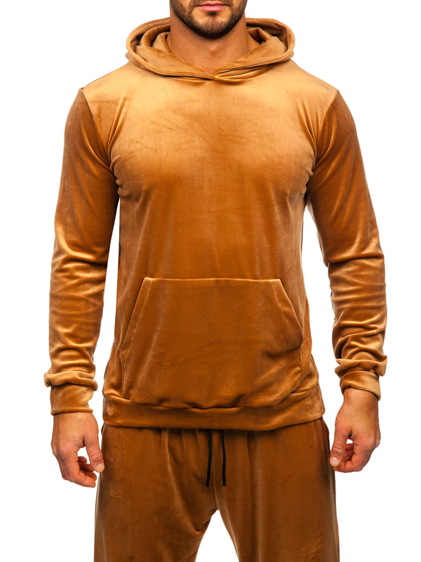 Herren Velours Freizeitanzug Sport Set Zweileiler mit Kapuze Camel Bolf 0002A