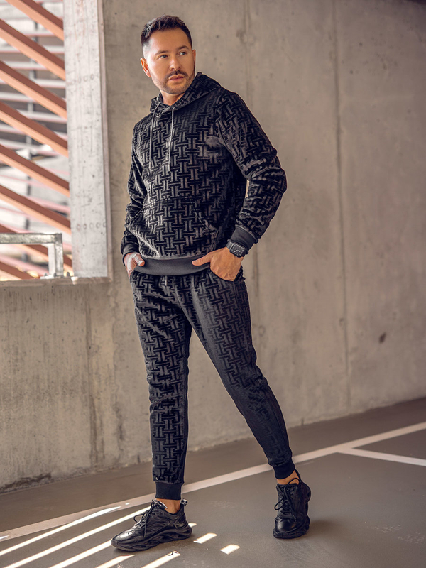 Herren Velours Zwieteiler Sport Set mit Kapuze Schwarz Bolf 3A81B