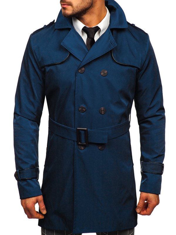 Herren Mantel Zweireihiger Trenchcoat mit Hochkragen und Gürtel Hellblau Bolf 0001