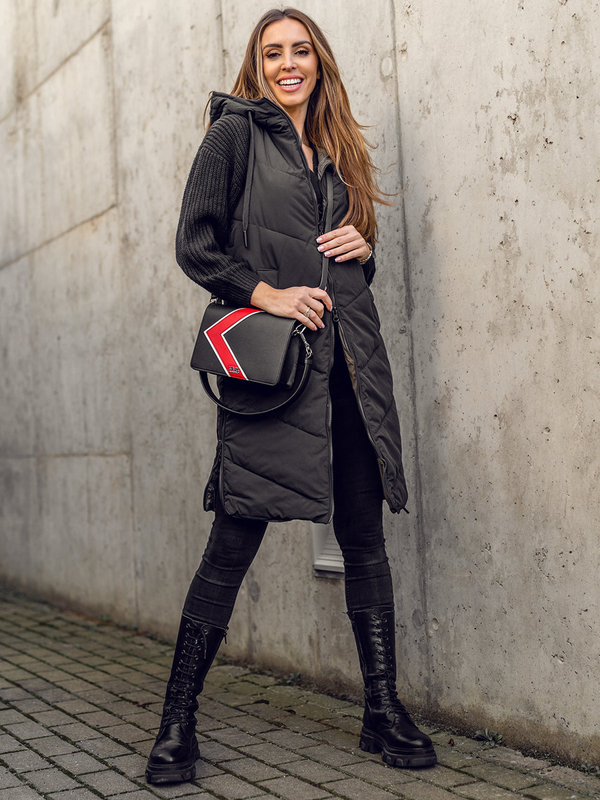 Damen Lange Zweiseitige Steppweste Schwarz Bolf B8022A