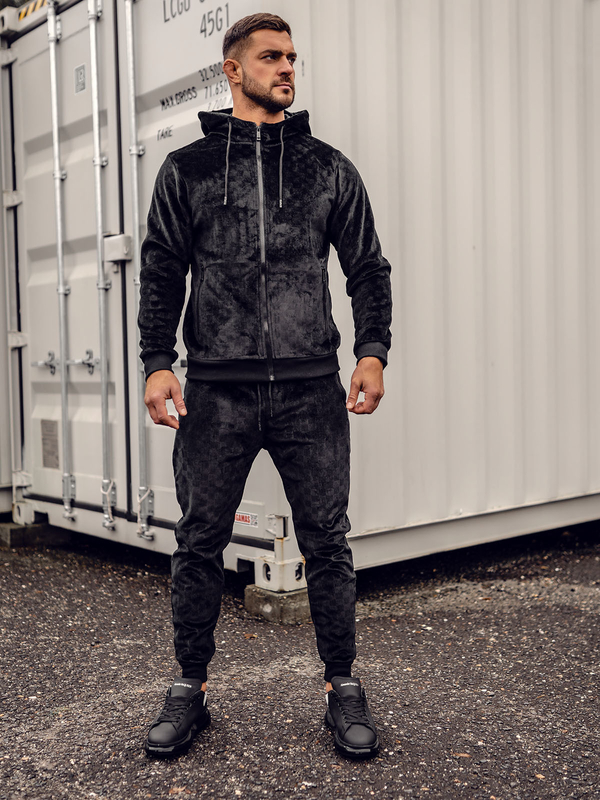 Herren Velours Zweiteiler Freizeitanzug Schwarz Bolf 3B115A