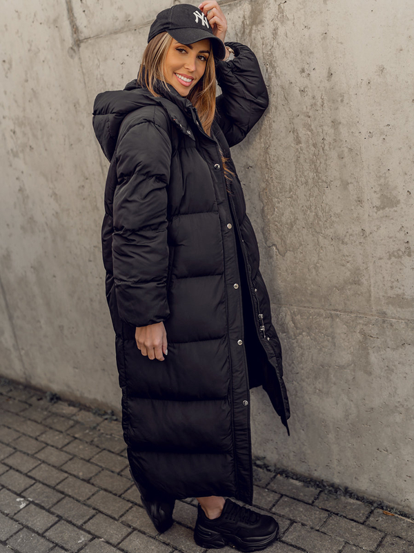 Damen Lange Gepolsterte Winterjacke Mantel mit Kapuze Schwarz Bolf R6702A