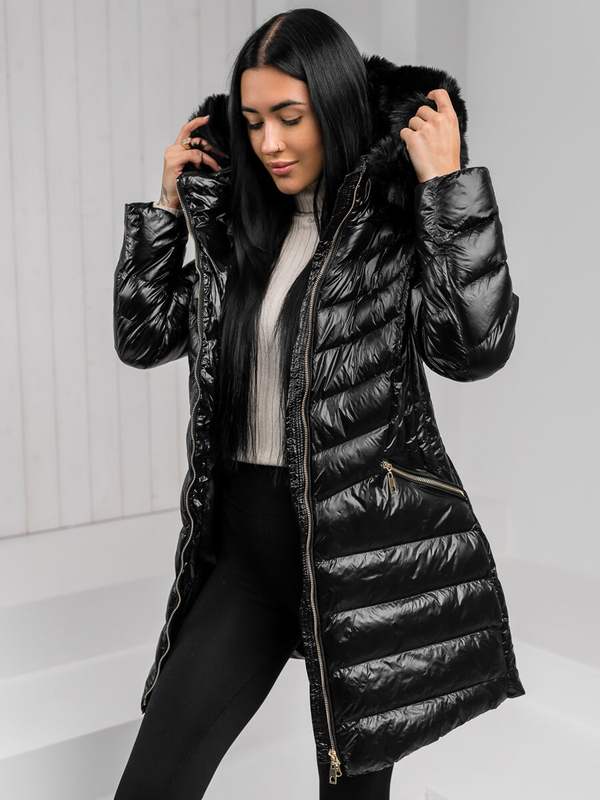 Damen Lange Gepolsterte Übergangsjacke Mantel mit Kapuze Schwarz Bolf 5M3162A1