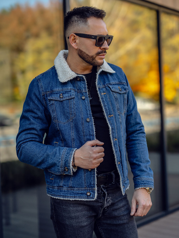 Herren Jeansjacke Turcker Jacke Warm Gefüttert mit Teddyfell Kragen Dunkelblau Bolf 1156