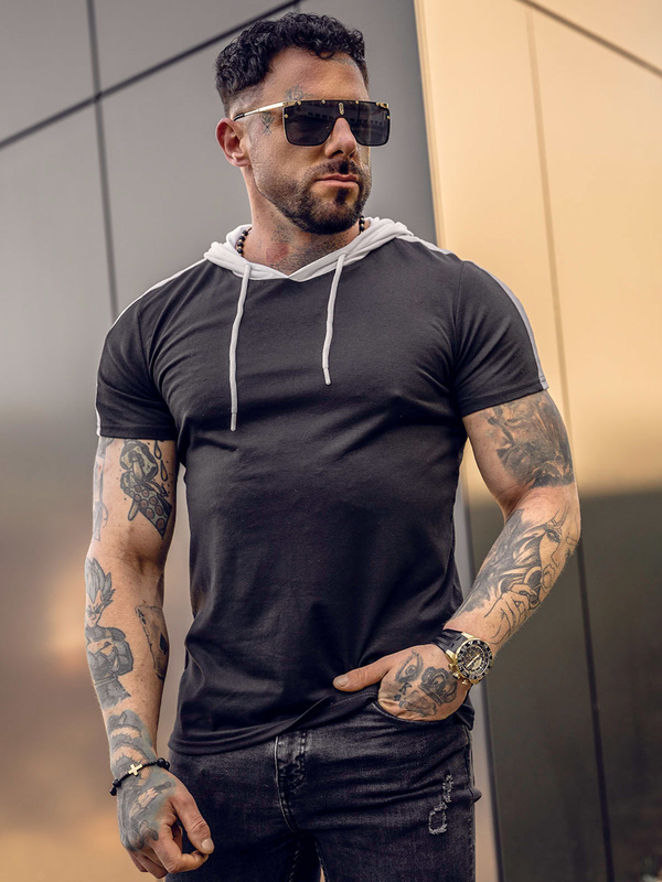 Herren Baumwoll T-Shirt mit Kapuze Schwarz Bolf 8T299A