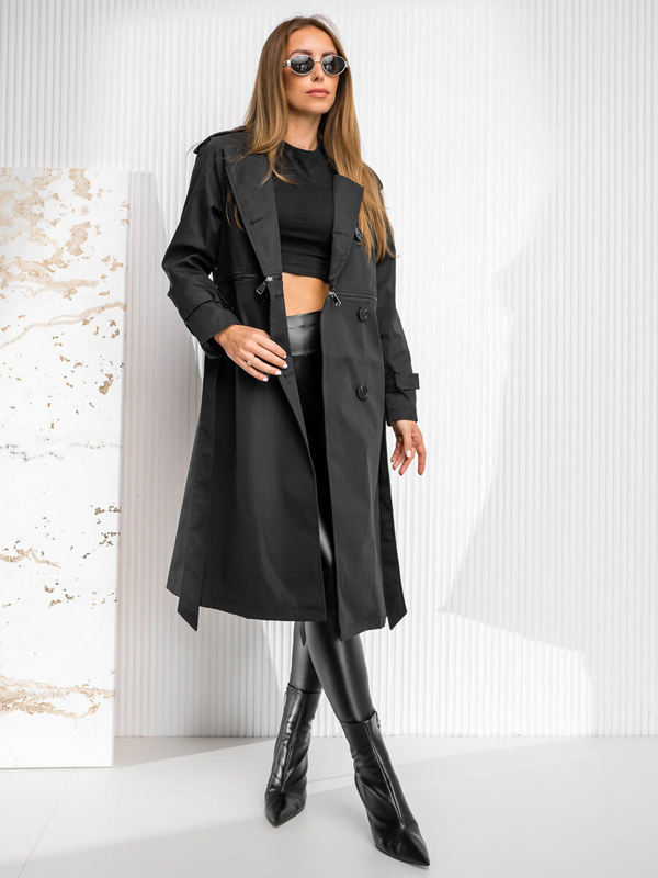 Damen 2in1 Jacke Langer Mantel Trenchcoat mit Gürtel Schwarz Bolf AG3011