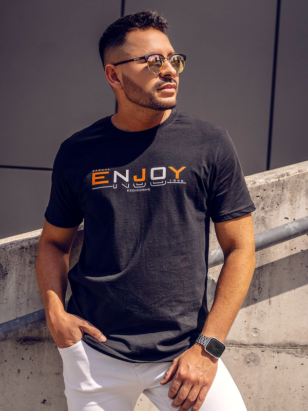 Herren Baumwoll T-Shirt mit Motiv Schwarz Bolf 14773A