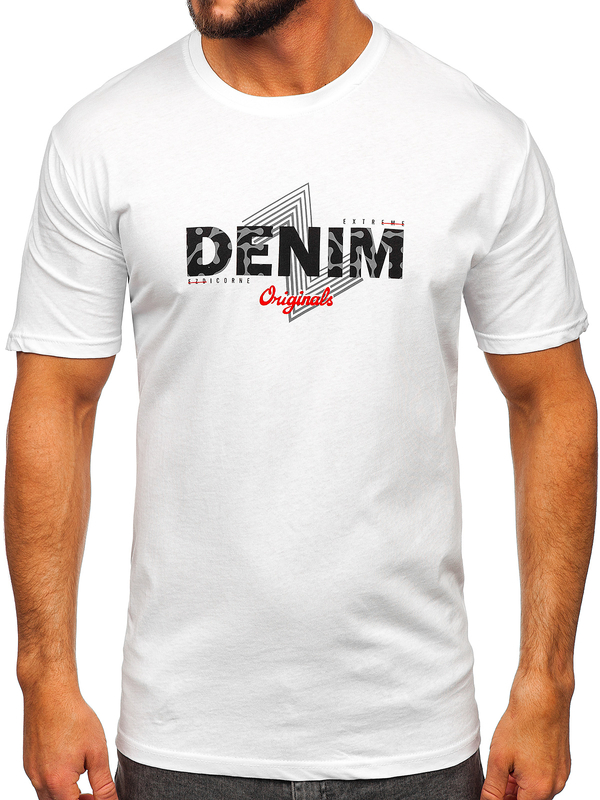 Herren Baumwoll T-Shirt mit Motiv Weiß Bolf 14791