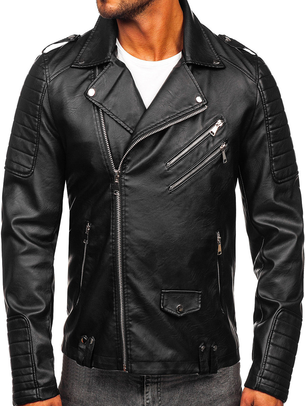Herren Kunstlederjacke Bikerjacke Schwarz Bolf 11Z8065