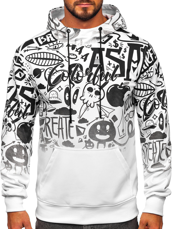 Herren Sweatshirt mit Motiv mit Kängurutasche Weiß Bolf 8B995