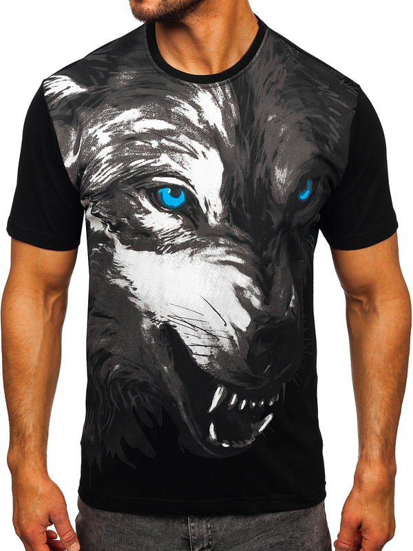 Herren Baumwoll T-Shirt mit Motiv Schwarz Bolf 5041
