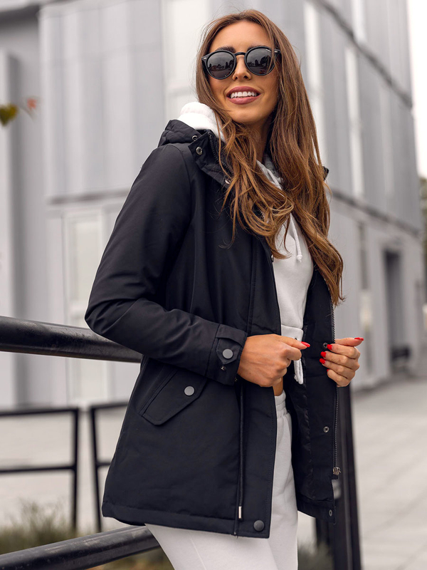 Damen Übergangsjacke Parka mit Kapuze Schwarz Bolf 7018A