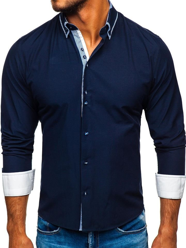 Herren Hemd Elegant Langarm Dunkelblau Bolf 6929-A